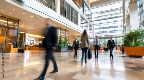 Modern corporate office lobby with professionals walking through bright green atrium, natural light, sleek architecture, and spacious design highlighting sustainability and workplace comfort