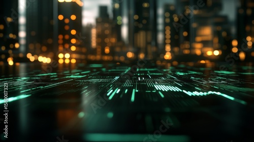 Futuristic digital dashboard with glowing stock market graphs and blurred city skyline background reflecting advanced finance technology and data analytics