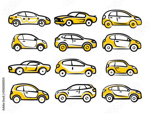 Diverse modern vehicles with yellow accents and circuit board patterns cars white