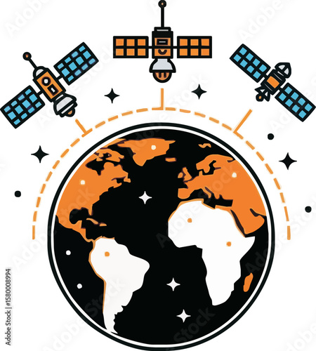 A stylized illustration of three satellites in orbit around planet Earth, representing a global communication network.