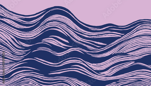 Hand drawn brush line abstract flowing wave and water pattern, Japanese and ethnic wood carving, block print imperfect texture background, calm and simple graphic for textile, carpet 