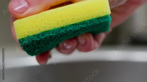 Closeup of a hand washing a yellow and green kitchen sponge with soap and water