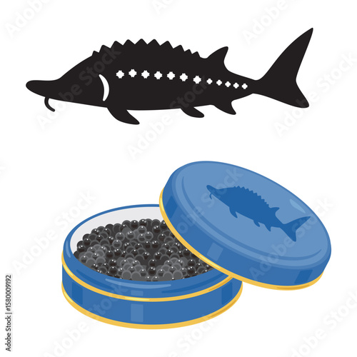 チョウザメのシルエットと缶に入ったキャビアのイラスト