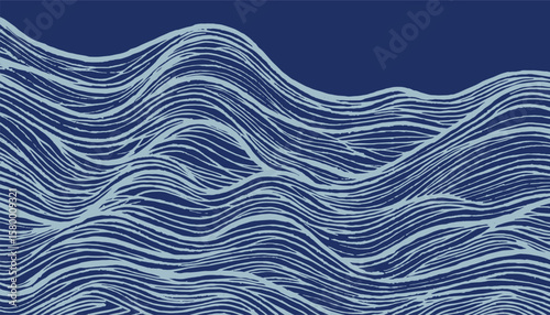 Hand drawn brush line abstract monochromatic blue of flowing wave and water pattern, Japanese and ethnic wood carving, block print imperfect texture background, calm and simple graphic
