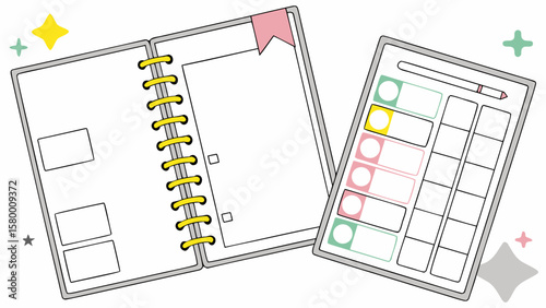 Illustration of an open notebook with yellow rings and a planner with a pen and pastel colors