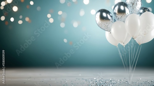 Wallpaper Mural Elegant celebration with silver and white balloons scattering glittering confetti on a softly lit light gray background, capturing joyful party spirit and festive ambiance Torontodigital.ca