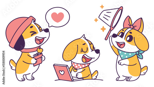 Funny cartoon animal vector illustration for children's birthday party with a dog, cat, and rabbit holding a gift