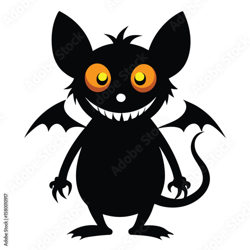 Cute black monster with bat wings and a creepy smile. A spooky and funny vector illustration of a little demon or gremlin character for Halloween. Isolated on white background.