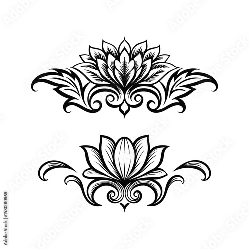 Lotus floral ornamental design with decorative leaves and swirls lotus flower floral design
