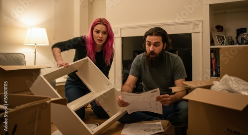 Frustrated couple struggles to assemble furniture in their new apartment with questionable