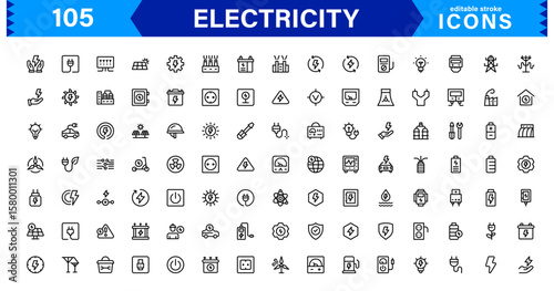 Electricity Icon Set Featuring Power, Energy, and Lightning Symbols in Clean Vector Line Style.