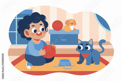Toddler watching a kitten play with yarn, eyes full of wonder