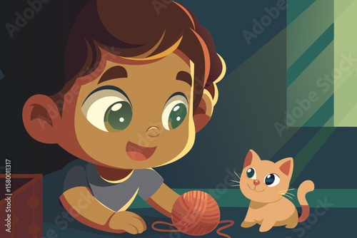 Toddler watching a kitten play with yarn, eyes full of wonder