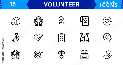 Volunteer Icon Set Featuring Community Support, Helping Hands, and Charity Symbols in Clean Vector Style.