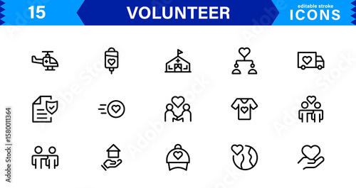 Volunteer Icon Set Featuring Community Support, Helping Hands, and Charity Symbols in Clean Vector Style.