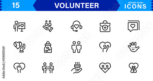 Volunteer Icon Set Featuring Community Support, Helping Hands, and Charity Symbols in Clean Vector Style.