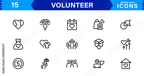 Volunteer Icon Set Featuring Community Support, Helping Hands, and Charity Symbols in Clean Vector Style.