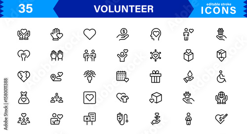 Volunteer Icon Set Featuring Community Support, Helping Hands, and Charity Symbols in Clean Vector Style.