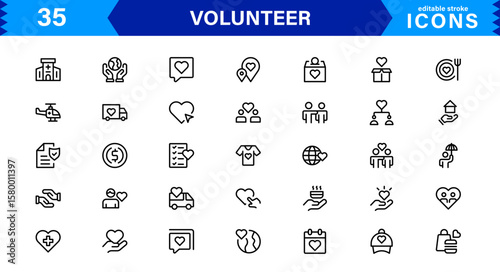 Volunteer Icon Set Featuring Community Support, Helping Hands, and Charity Symbols in Clean Vector Style.
