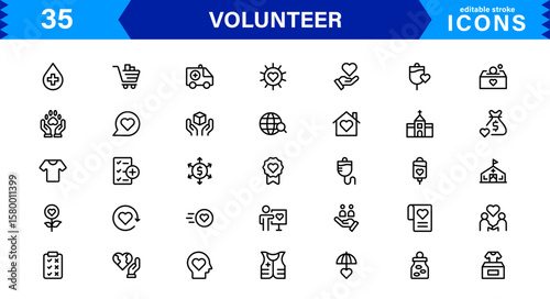 Volunteer Icon Set Featuring Community Support, Helping Hands, and Charity Symbols in Clean Vector Style.