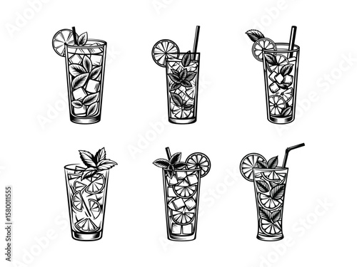 Refreshing citrus mint beverages with ice and garnishes cocktail drink