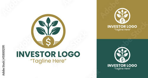 Premium Investor Logo with Dollar Coin and Plant in Gold and Dark Green for Wealth Creation Branding
