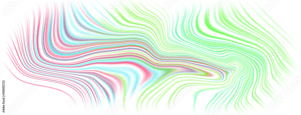 Obraz premium Wavy fluid abstract lines in green, cyan, and pink gradient with motion effect on transparent backdrop, graphic design overlay element