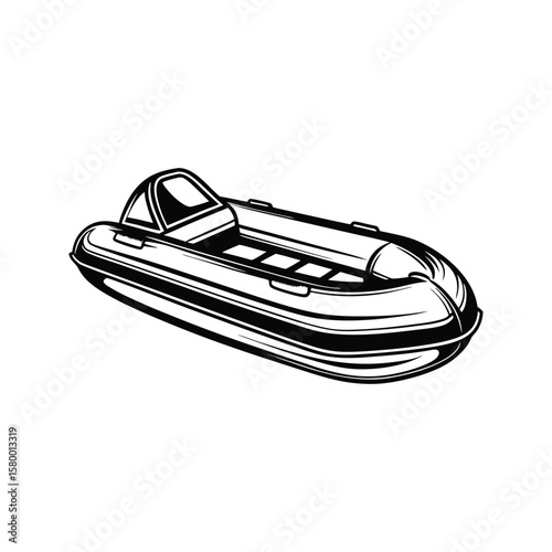 Black and white silhouette of an inflatable boat with a windshield dinghy rigid inflatable boat