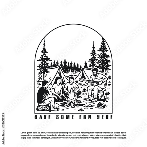 Retro hand drawn group of teenager friends camping sitting and sing along around campfire