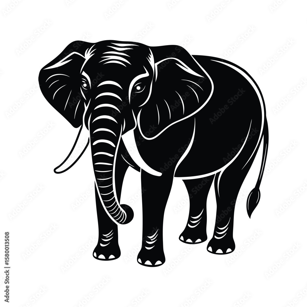 Fototapeta premium Black elephant illustration with white outlines standing on white background animal wildlife