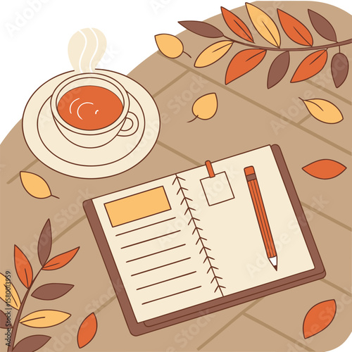 Still life of a notebook with a pencil and a cup of tea surrounded by autumn leaves on a wooden surface