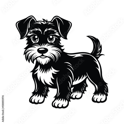 Black fluffy dog with large eyes and wagging tail puppy black and white