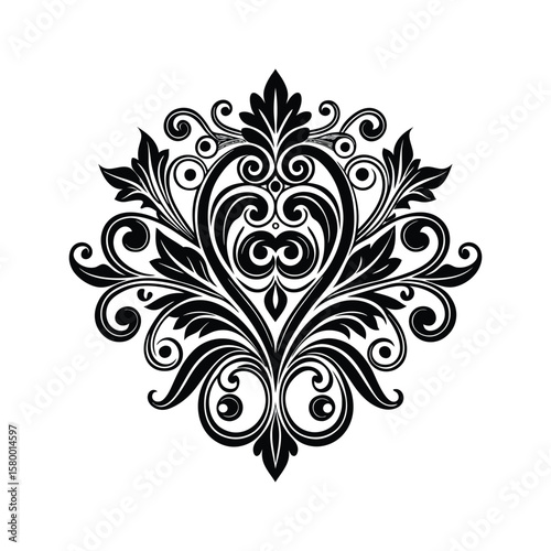 Black ornamental floral damask motif vector