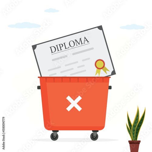 Education crisis. Diploma throw out into trash bin. Education certificate in garbage recycling container. Poor quality education, useless diploma