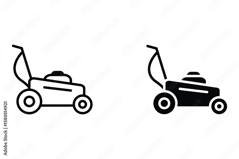 Naklejka premium Lawn Mower Icon set. Black and White Vector Illustration. Lawn Mower. Home Appliances Concept, vector eps