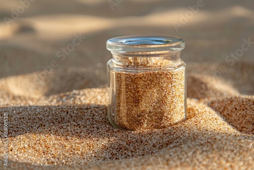 A glass jar filled with a light brown granular substance on a background textured with sand, Generative AI.