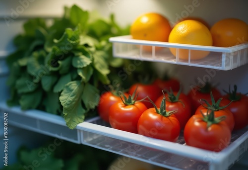 Fresh Produce in Refrigerator: Vibrant Tomatoes, Oranges, and Leafy Greens