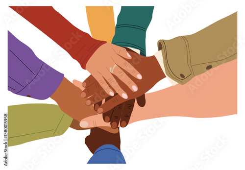 Hands of diverse business people putting together. Concept of cooperation, unity, togetherness, partnership, teamwork, support. Flat cartoon vector illustration isolated on transparent background.