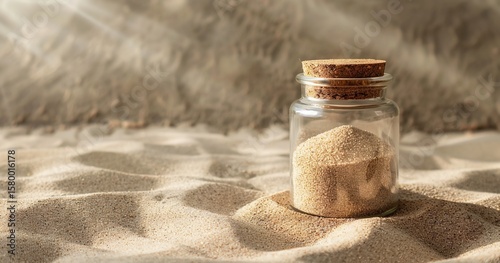 A glass jar filled with a light brown granular substance on a background textured with sand, Generative AI.