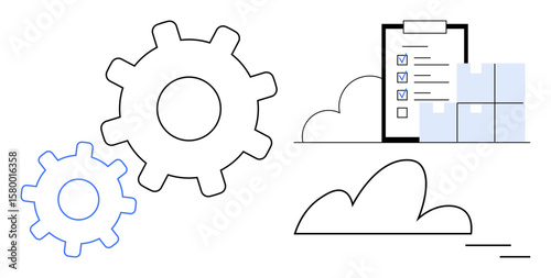 Gear mechanism next to checklist with marked tasks, clouds, and boxes. Ideal for teamwork, logistics, automation, workflow, inventory planning and operations. Simple flat metaphor