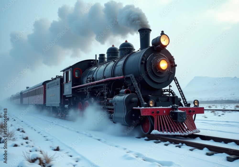 Naklejka premium Old steam train running on snowy railway during winter