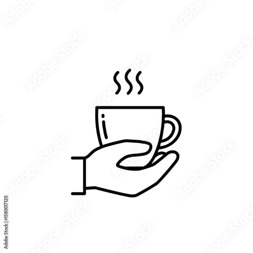 Hand holding steaming coffee cup in minimalist line art style  