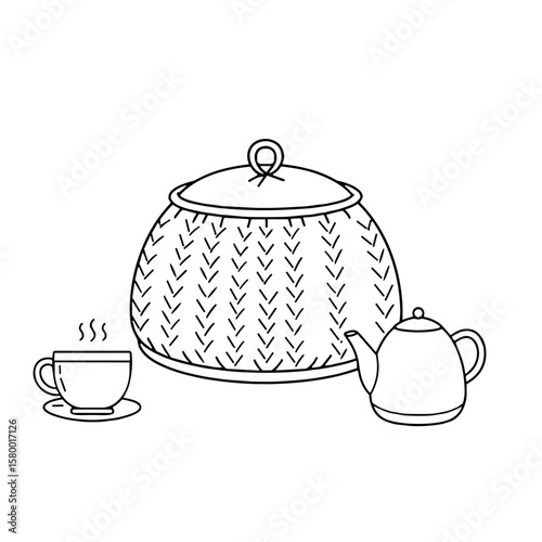 Teapot and tea cup with cozy knitted cover
