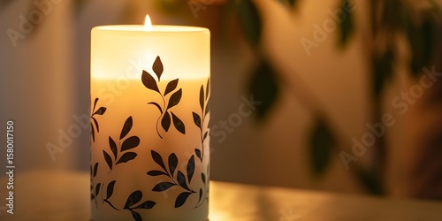 A lit cylindrical candle with a warm, inviting glow and black leaf designs on a beige background, Generative AI.