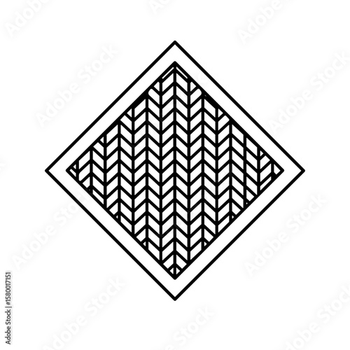 Knitted napkin in the shape of a diamond with a herringbone texture in black and white.