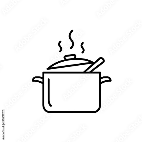 Cooking pot with steam and wooden spoon on white background  