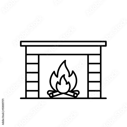 Simple line drawing of a fireplace with flames and logs  