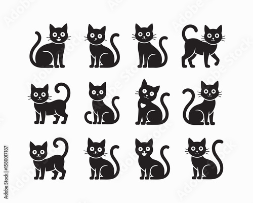 Black cat silhouettes in various poses, isolated on white background. Perfect for logos, decals, apparel design. Elegant, sleek feline figures showcasing minimalist modern art 