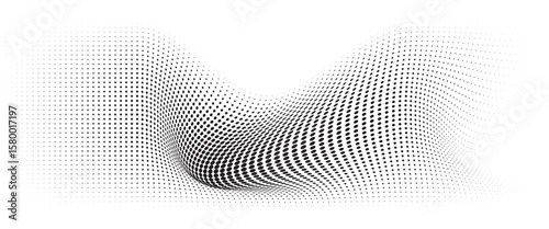 Flowing Wave Dot Halftone Pattern: Curve Gradient Shape on Transparent Background. Suitable for AI, Tech, Network, Digital, Science, and Technology Themes.
