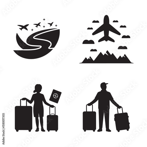Airplanes flying over mountains and people with luggage flight travel